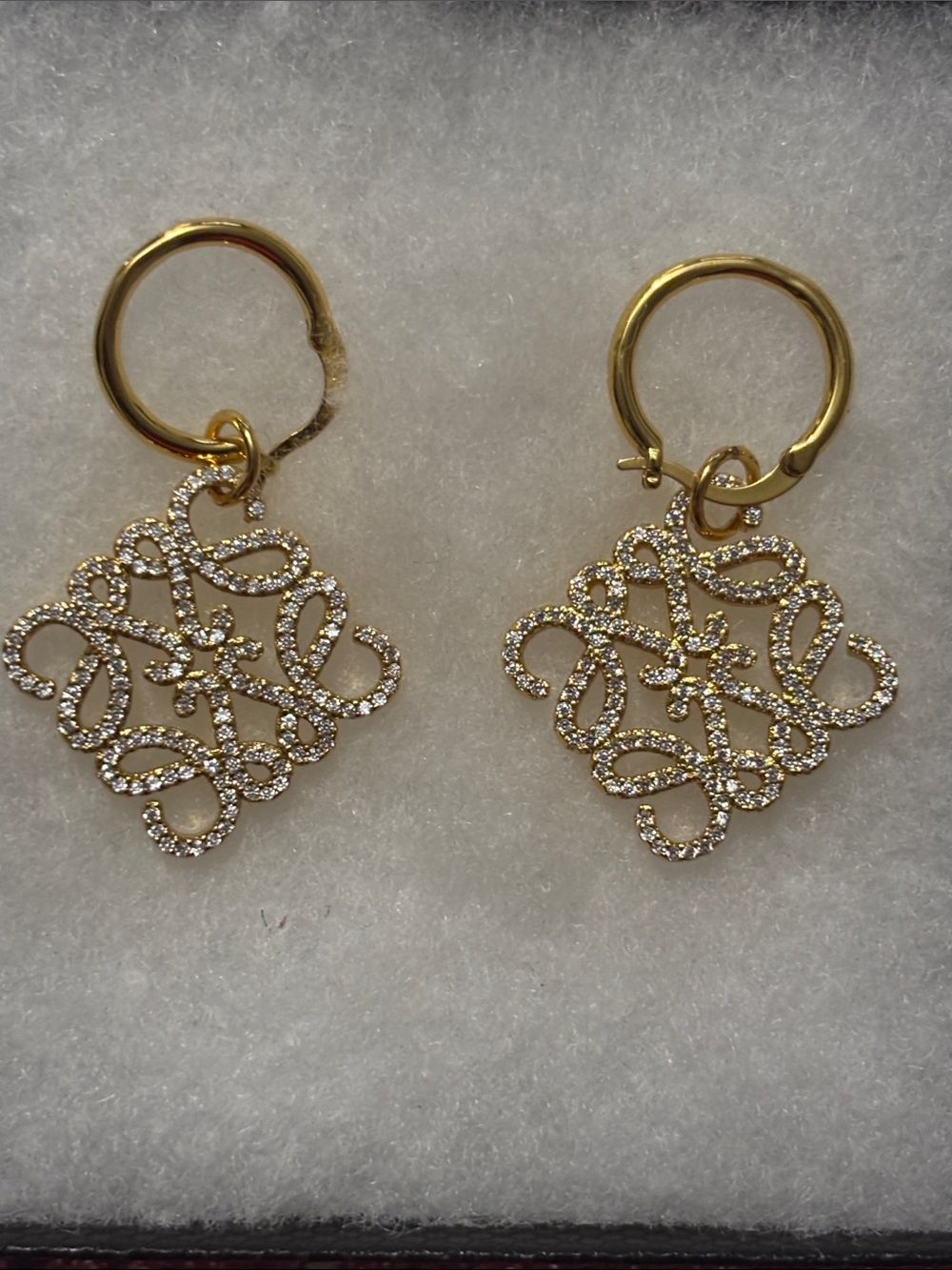 Elegant Loewe Inspired Gold & Diamond Drop Hoop Earrings